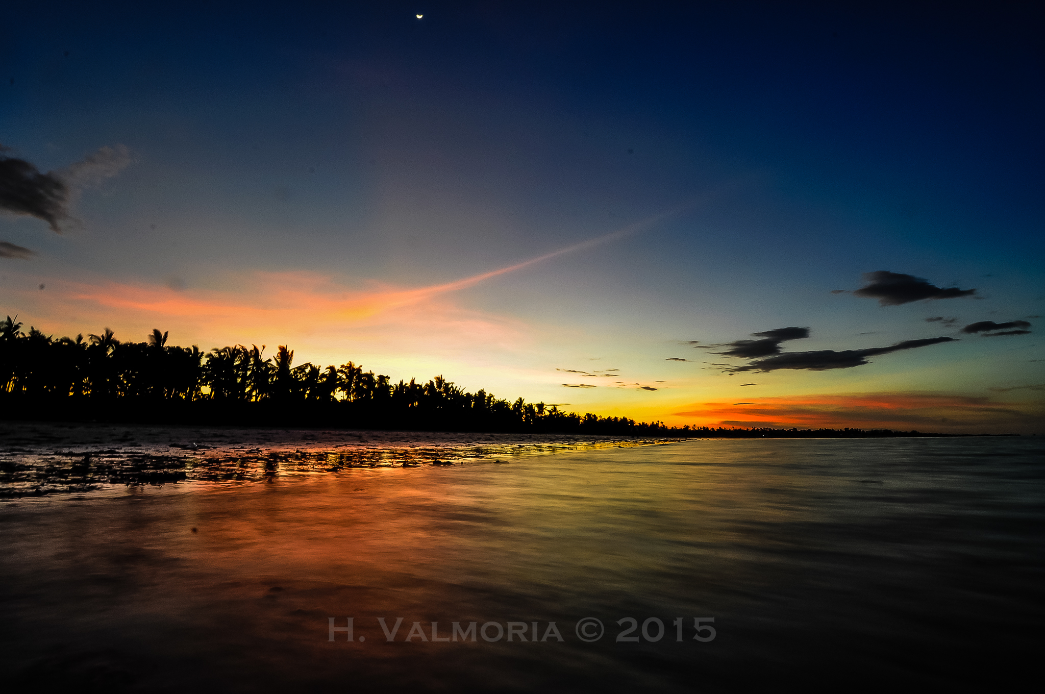 A vibrant tropical sunset over a calm coastal shoreline, with silhouetted palm trees lining the horizon beneath a sky of deep blue and warm orange hues. A crescent moon is faintly visible near the top of the frame.